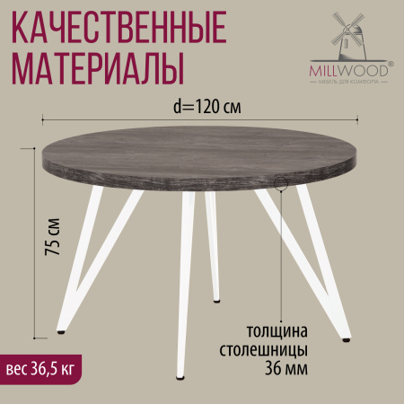 Стол Женева 2 (D1200) 36мм, ЛДСП Сосна пасадена/ Металлокаркас Белый