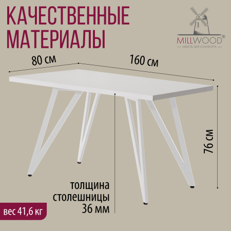 Стол Женева 2 (1600х800), ЛДСП Белый / Металлокаркас Белый