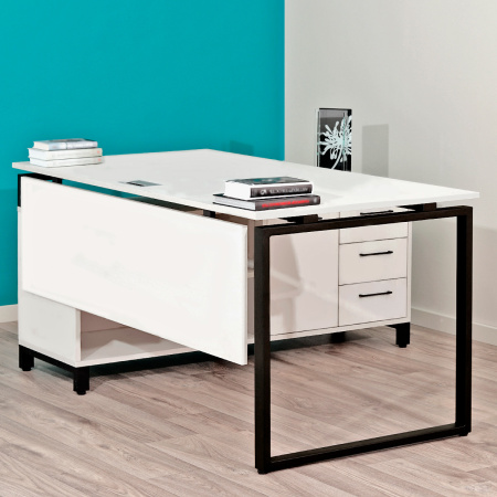 Стол руководителя Олесунн 2 с тумбой правой, ЛДСП Белый / Металлокаркас Черный