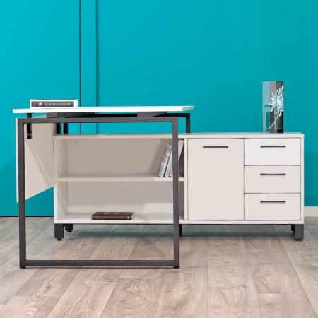 Стол руководителя Олесунн 2 с тумбой правой, ЛДСП Белый / Металлокаркас Черный