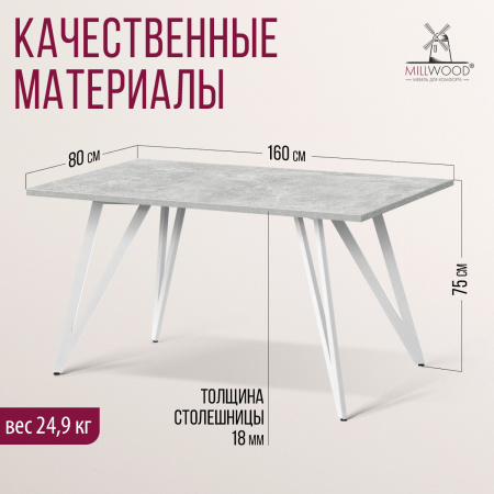 Стол Женева 2 (1600х800) 18мм, ЛДСП Бетон / Металлокаркас Белый