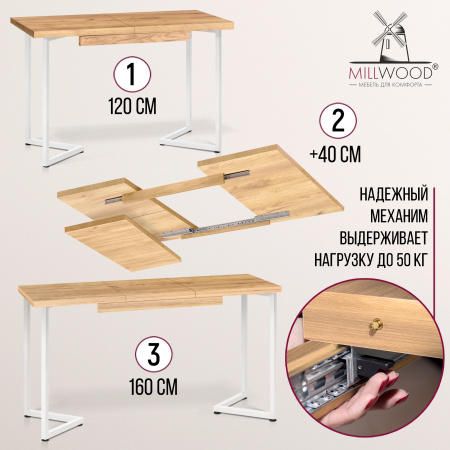 Стол раздвижной Лондон (1200/1600х800), ЛДСП Дуб золотой крафт / Металлокаркас Белый