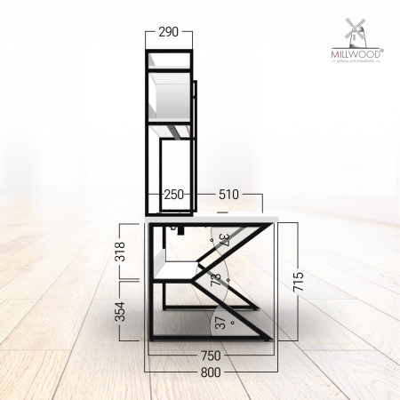 Стол письменный Кембридж со стеллажом (1600х800), ЛДСП Белый \ Металлокаркас Черный