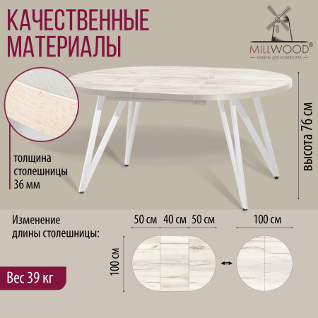 Стол раздвижной Женева 3 (D1000/1400х1000), ЛДСП Дуб белый крафт / Металлокаркас Белый Стол раздвижной Женева 3 (D1000/1400х1000), ЛДСП Дуб белый крафт / Металлокаркас Белый