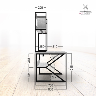 Стол письменный Кембридж со стеллажом (1600х800), ЛДСП Бетон \ Металлокаркас Черный