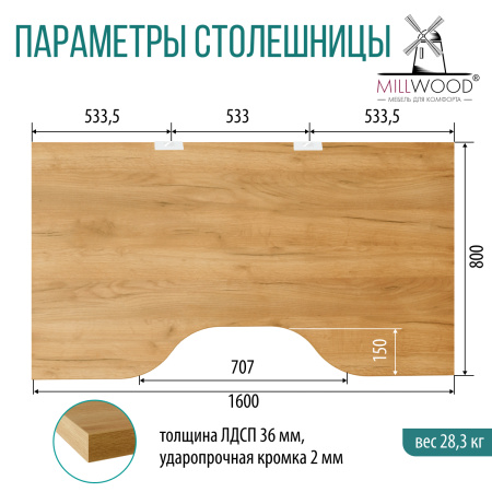 Столешница с вырезом 1600х800х36, ЛДСП Дуб золотой крафт / Металлокаркас Белый