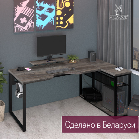 Стол угловой Каир с полкой (2000х1200), ЛДСП Сосна пасадена \ Металлокаркас Черный