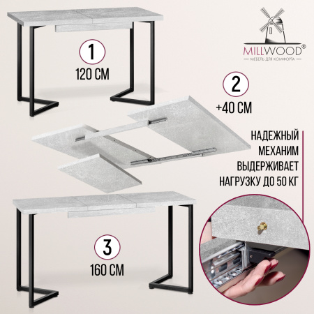 Стол раздвижной Лондон (1200/1600х800), ЛДСП Бетон / Металлокаркас Черный