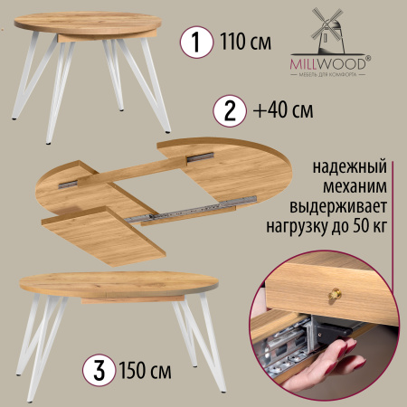 Стол раздвижной Женева 3 (D1100/1500х1100), ЛДСП Дуб золотой крафт / Металлокаркас Белый