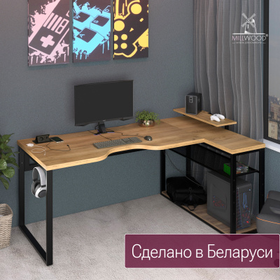 Стол угловой Каир с полкой (2000х1200), ЛДСП Дуб золотой крафт \ Металлокаркас Черный