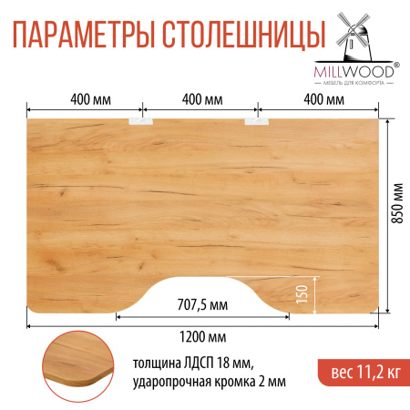 Столешница с вырезом 1200x850x18, ЛДСП Дуб золотой крафт / Металлокаркас Белый