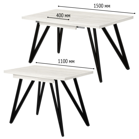 Стол раздвижной Женева 3 (1100/1500х700), ЛДСП Дуб белый крафт / Металлокаркас Черный