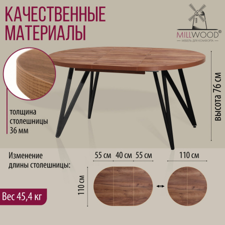 Стол раздвижной Женева 3 (D1100/1500х1100), ЛДСП Дуб табачный крафт / Металлокаркас Черный