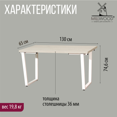 Стол Уэльс (1300х650) 36мм, ЛДСП Дуб белый крафт / Металлокаркас Белый Стол Уэльс (1300х650) 36мм, ЛДСП Дуб белый крафт / Металлокаркас Белый