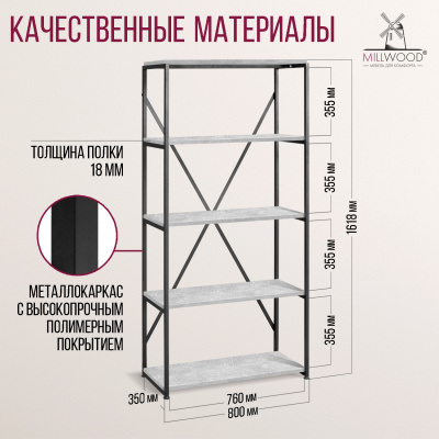 Стеллаж Лофт CH-1, ЛДСП Бетон / Металлокаркас Черный