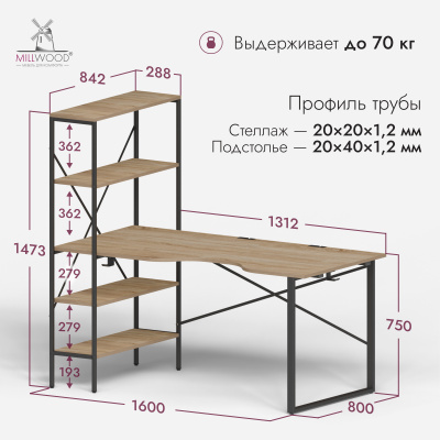 Стол компьютерный Бостон (1600х800), ЛДСП Дуб сонома \ Металлокаркас Черный