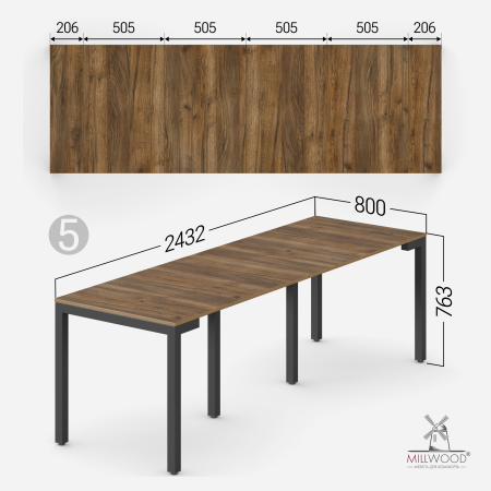 Стол Сиена раздвижной (412/2432х800), ЛДСП Дуб табачный крафт \ Металлокаркас Черный