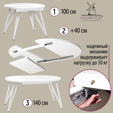 Стол раздвижной Женева 3 (D1000/1400х1000), ЛДСП Белый / Металлокаркас Белый