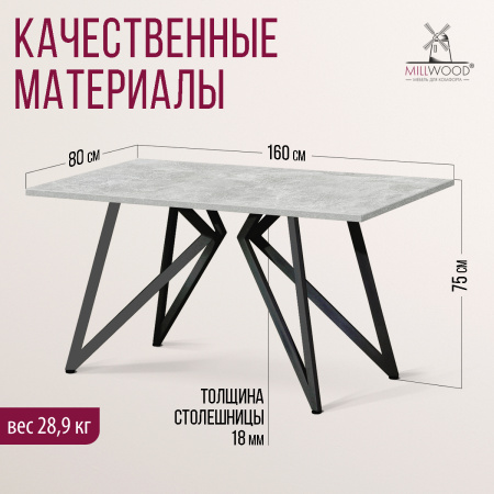 Стол Женева (1600х800) 18мм, ЛДСП Бетон / Металлокаркас Черный