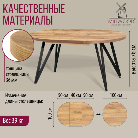 Стол раздвижной Женева 3 (D1100/1500х1100), ЛДСП Дуб золотой крафт / Металлокаркас Черный