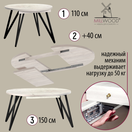 Стол раздвижной Женева 3 (D1100/1500х1100), ЛДСП Дуб белый крафт / Металлокаркас Черный