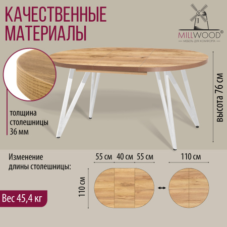 Стол раздвижной Женева 3 (D1100/1500х1100), ЛДСП Дуб золотой крафт / Металлокаркас Белый