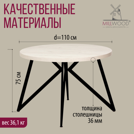 Стол Женева (D1100), ЛДСП Дуб белый крафт / Металлокаркас Черный
