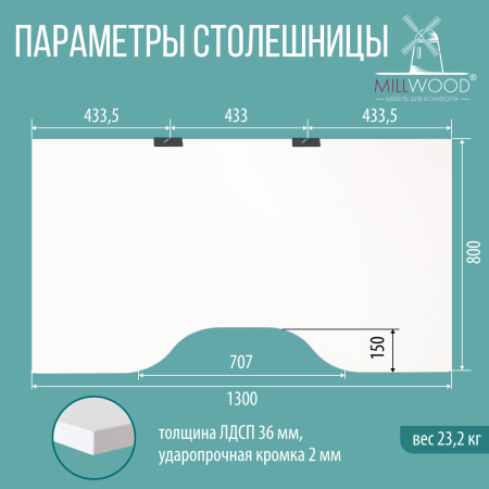 Столешница с вырезом 1300х800х36, ЛДСП Дуб белый крафт / Металлокаркас Белый