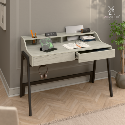 Стол Оксфорд с ящиками (1300x650), ЛДСП Дуб белый крафт \ Металлокаркас Черный