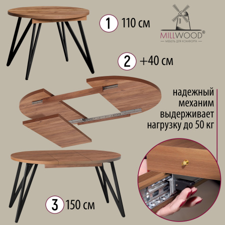 Стол раздвижной Женева 3 (D1100/1500х1100), ЛДСП Дуб табачный крафт / Металлокаркас Черный