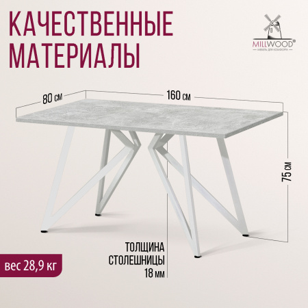 Стол Женева (1600х800) 18мм, ЛДСП Бетон / Металлокаркас Белый