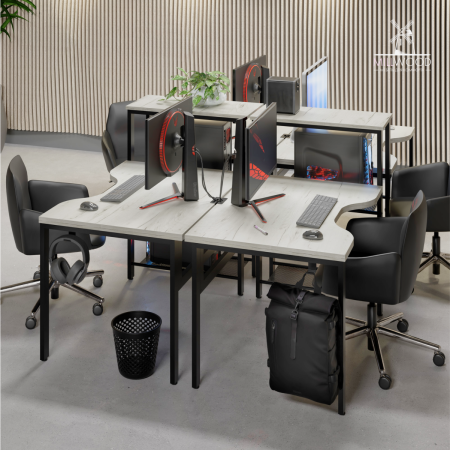 Стол Сплит с вырезом двухместный, ЛДСП Дуб белый крафт \ Металлокаркас Черный