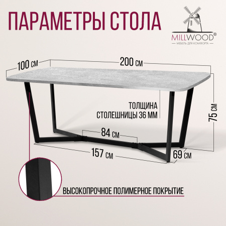Стол Мюнхен (2000х1000), ЛДСП Бетон / Металлокаркас Черный