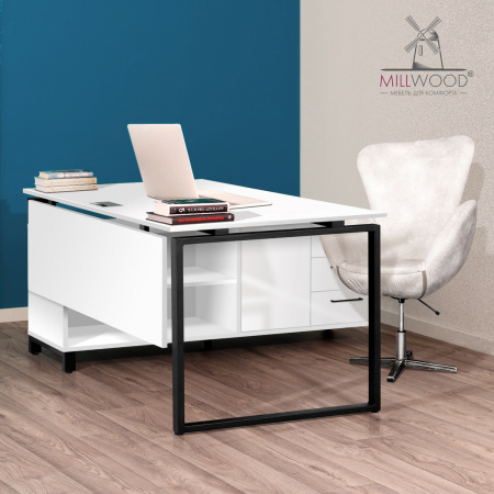 Стол руководителя Олесунн 2 с тумбой правой, ЛДСП Белый / Металлокаркас Черный