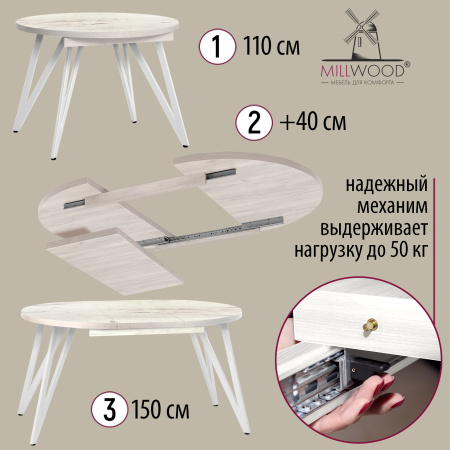 Стол раздвижной Женева 3 (D1100/1500х1100), ЛДСП Дуб белый крафт / Металлокаркас Белый Стол раздвижной Женева 3 (D1100/1500х1100), ЛДСП Дуб белый крафт / Металлокаркас Белый