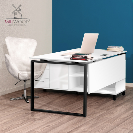 Стол руководителя Олесунн 2 с тумбой левой, ЛДСП Белый / Металлокаркас Черный