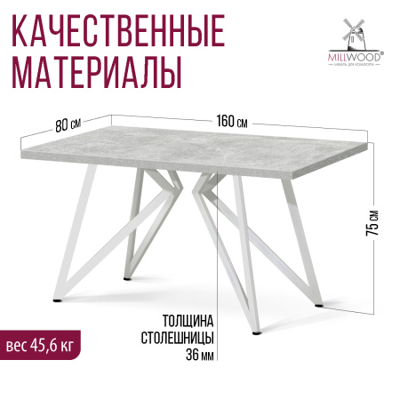 Стол Женева (1600х800), ЛДСП Бетон / Металлокаркас Белый