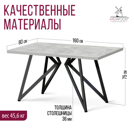 Стол Женева (1600х800), ЛДСП Бетон / Металлокаркас Черный