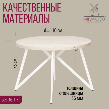 Стол Женева (D1100), ЛДСП Дуб белый крафт / Металлокаркас Белый