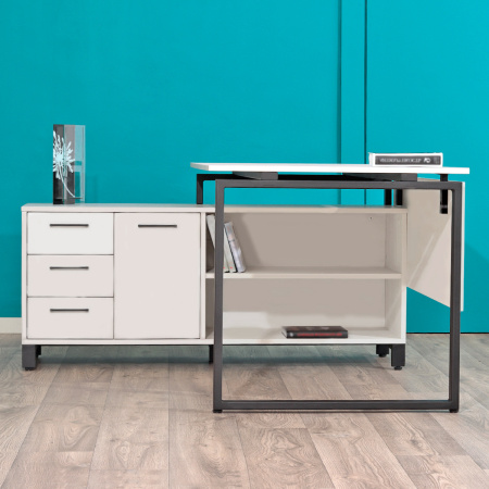 Стол руководителя Олесунн 2 с тумбой левой, ЛДСП Белый / Металлокаркас Черный