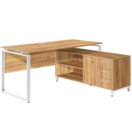 Стол руководителя Олесунн 2 с тумбой правой, ЛДСП Дуб золотой крафт / Металлокаркас Белый