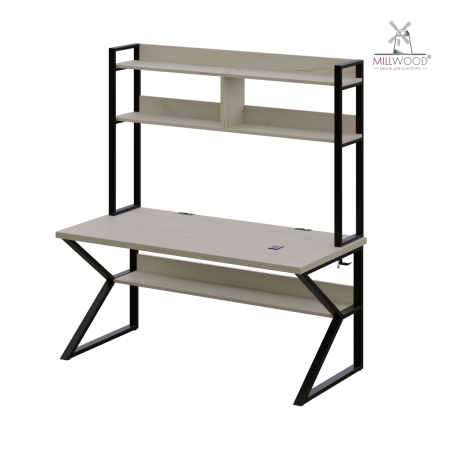 Стол письменный Кембридж со стеллажом (1600х800), ЛДСП Дуб белый крафт \ Металлокаркас Черный