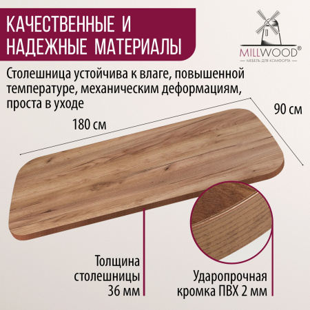 Столешница закругленная 1800х900х36, ЛДСП Дуб табачный крафт