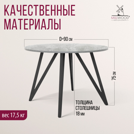 Стол Женева 2 (D900) 18мм, ЛДСП Бетон / Металлокаркас Черный