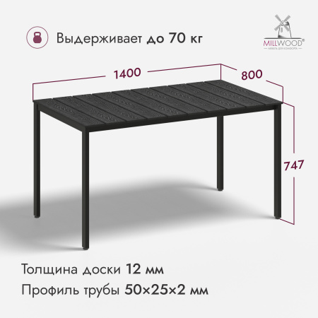 Стол Сеул Террасный (1400x800),  Заборная доска Серая \ Металлокаркас Черный