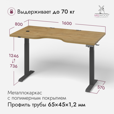 Стол подъемный Смарт с вырезом (1600x800) ЛДСП Дуб золотой крафт \ Металлокаркас Черный