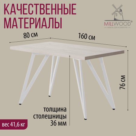 Стол Женева 2 (1600х800), ЛДСП Дуб белый крафт / Металлокаркас Белый