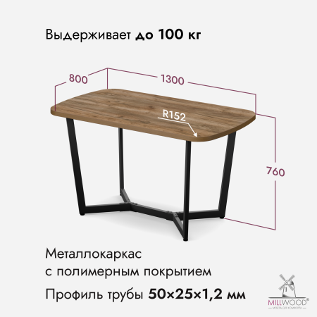 Стол Мюнхен (1300х800), ЛДСП Дуб табачный крафт / Металлокаркас Черный
