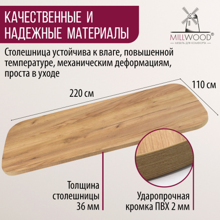 Столешница закругленная 2200х1100х36, ЛДСП Дуб золотой крафт