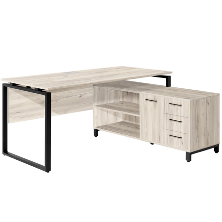 Стол руководителя Олесунн 2 с тумбой правой, ЛДСП Дуб белый крафт / Металлокаркас Черный Стол руководителя Олесунн 2 с тумбой правой, ЛДСП Дуб белый крафт / Металлокаркас Черный